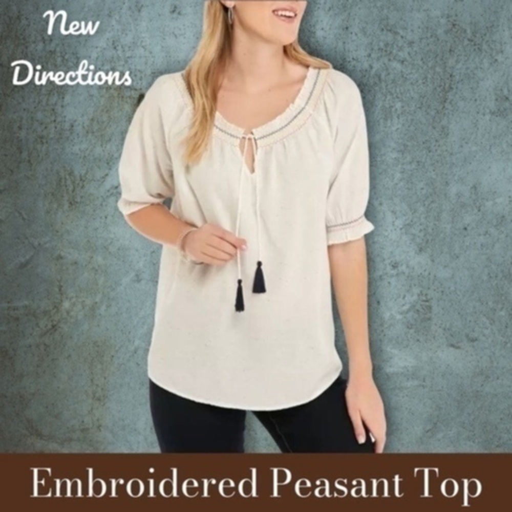 NEW DIRECTIONS Woven Cotton Breezy Embroidered Puff Sleeve Peasant Top/LG NWT